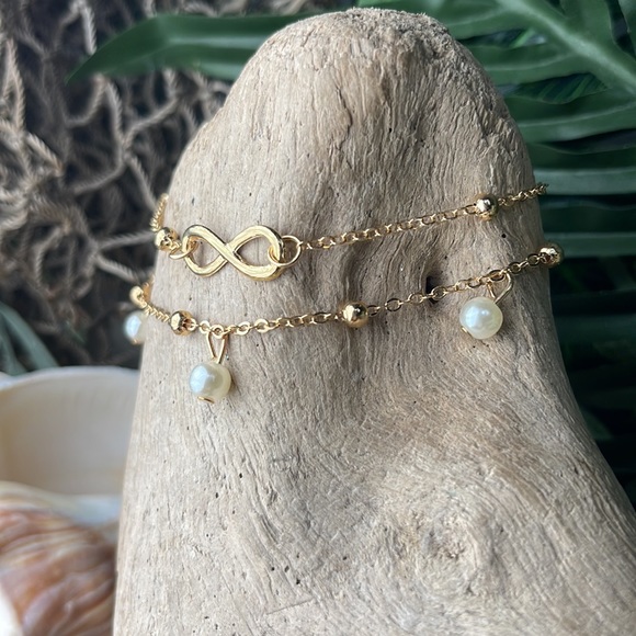 Infinity Pearl Layered Chain 14k Gold Tone Anklet Beach Chic - Picture 8 of 11